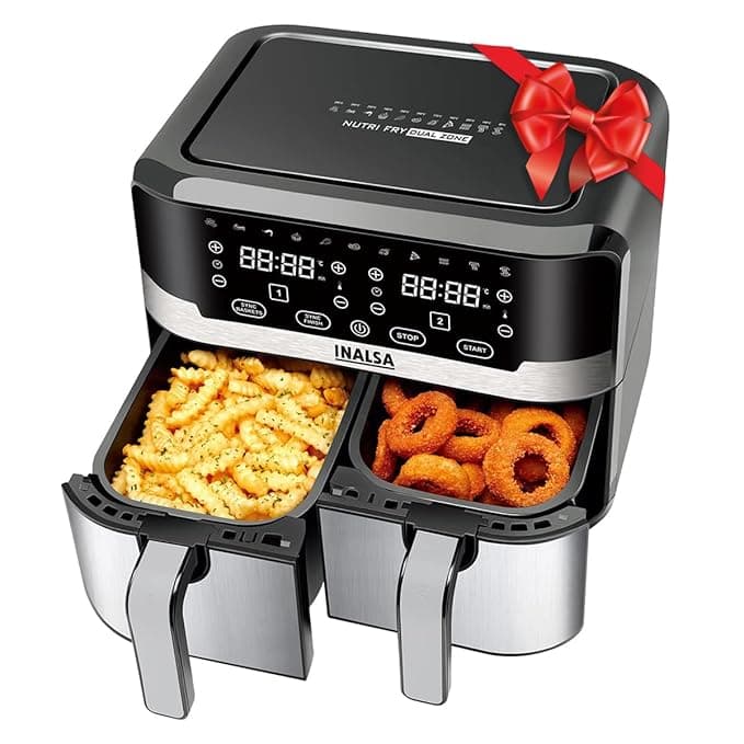 INALSA Air Fryer 10 L with Dual Basket 5L & 5L|Separate Basket for Veg & Non Veg Food|2100 W|Sync Basket Feature |11 Preset Prog |Touch Control & Digital Display|2 Year Warranty NutriFry DualZone