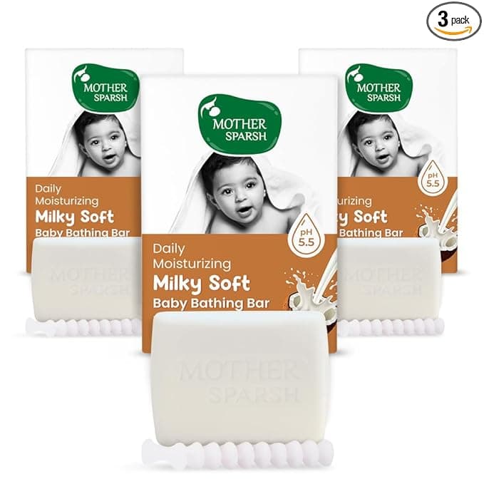 Mother Sparsh Moisturizing Milky Baby Bathing Soap Bar - 75g X 3 | pH 5.5 with Milk, Coconut Oil and Vitamin E, Prevents Dryness & Rashes
