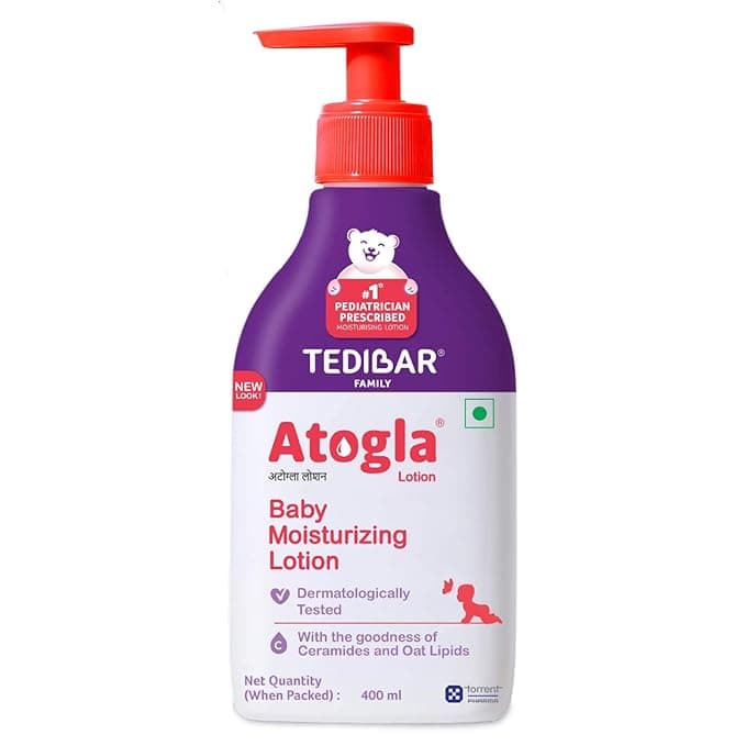 Atogla Baby Lotion 400ml from Tedibar Family with goodness of ceramides and oat lipids | No. 1* Pediatrician prescribed Moisturising Lotion- By Torrent Pharma