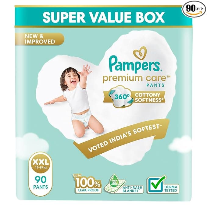 Pampers Premium Care Pant Style Baby Diapers, XX-Large (XXL size), 90 Count, 15-25kg, All-in-1 with 360 Cottony Softness Diapers